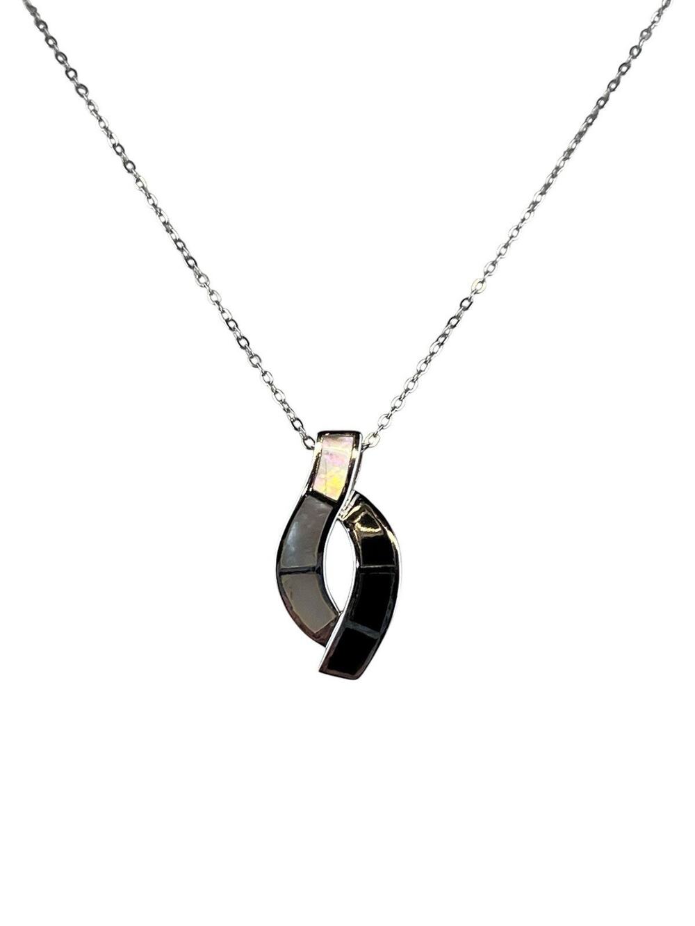 MOP & Black Stone Pendant Sterling Silver Necklace 17.5" Chain Italy